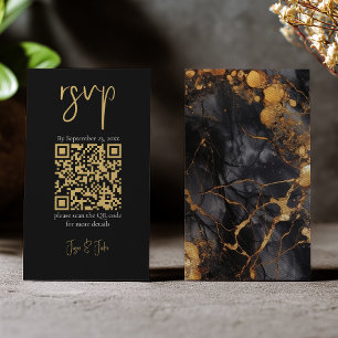 Zwarte en goudmarmer, QR-code bruiloft RSVP Informatiekaartje
