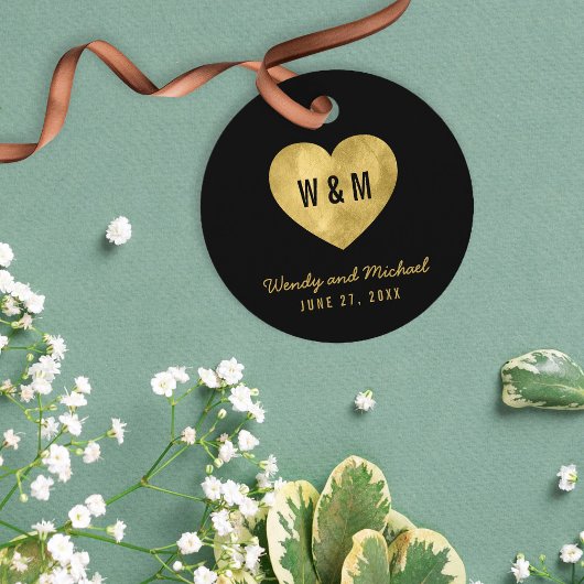 Zwarte en goudmonogram Heart Weddenschap Bedankjes Labels