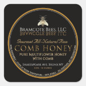Zwarte en goudpierkammen, honingetiket bijen vierkante sticker (Voorkant)