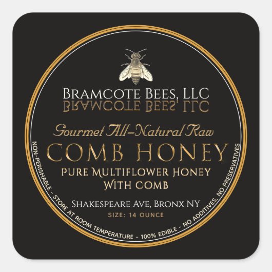 Zwarte en goudpierkammen, honingetiket bijen vierkante sticker (Voorkant)