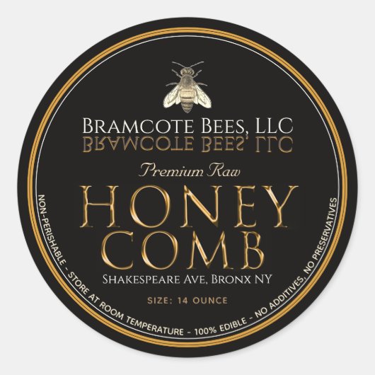 Zwarte en goudpremiumhoningraat Etiket  Bijen (Voorkant)