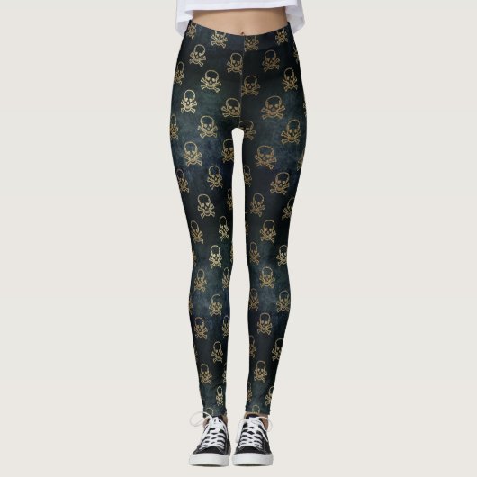Zwarte en goudschedel en kroesbeenderen Patroonpat Leggings (Voorkant)