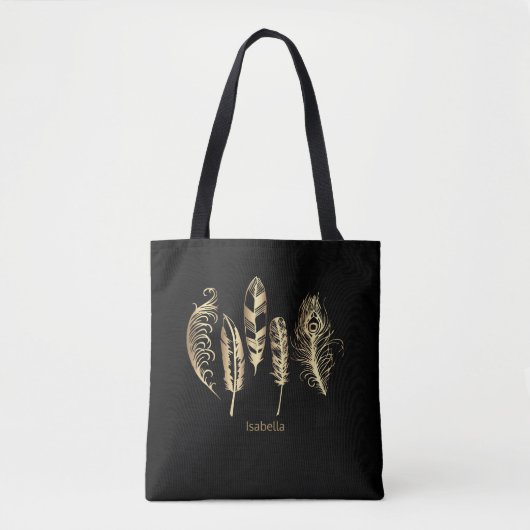Zwarte en goudveren veren tote bag (Voorkant)