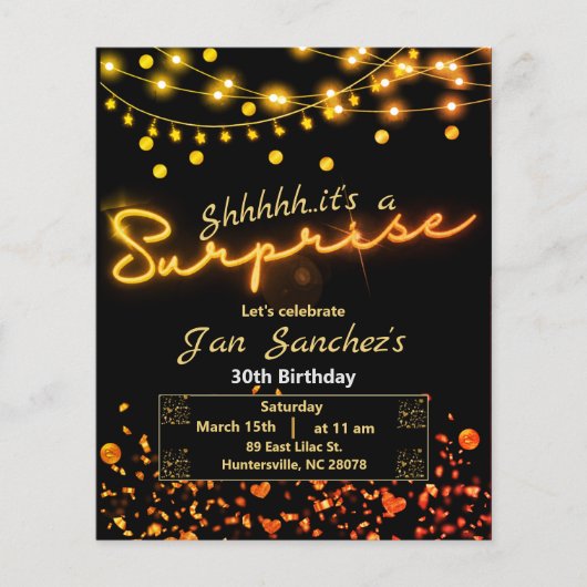 Zwarte en goudverrassing begrotingsuitnodiging QRc Flyer (Voorkant)