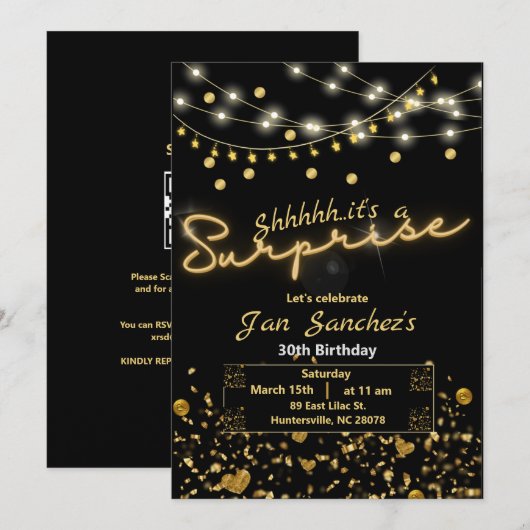 Zwarte en goudverrassing begrotingsuitnodiging QRc Kaart (Voorkant / Achterkant)