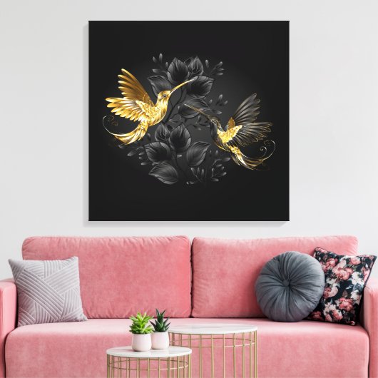 Zwarte en goudvogel canvas afdruk (Insitu (Woonkamer))