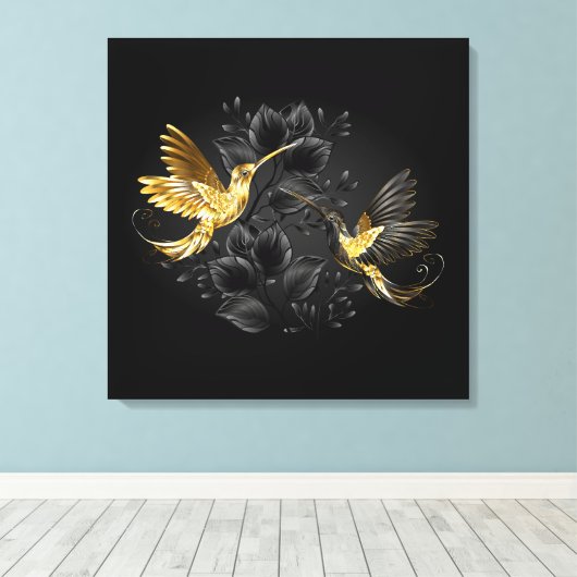 Zwarte en goudvogel canvas afdruk (Insitu (Houten vloer))