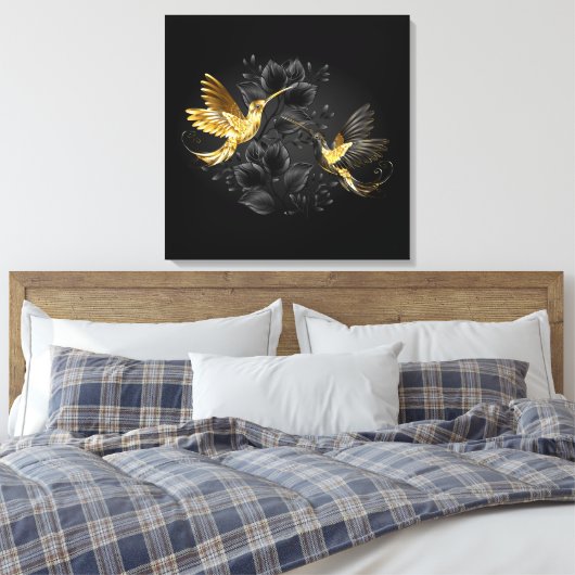 Zwarte en goudvogel canvas afdruk (Insitu (Slaapkamer))