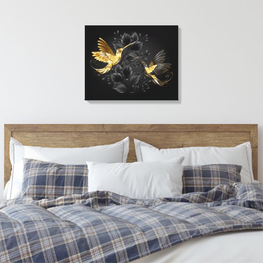 Zwarte en goudvogel canvas afdruk (Insitu (Slaapkamer))