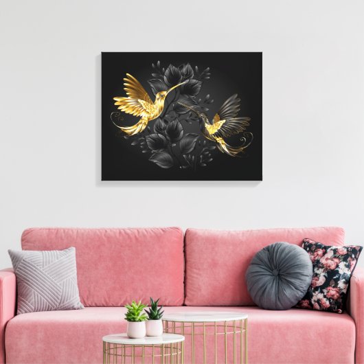 Zwarte en goudvogel canvas afdruk (Insitu (Woonkamer))