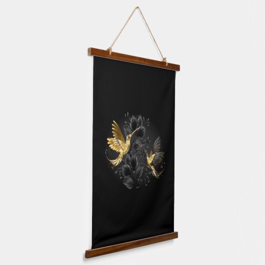 Zwarte en goudvogel hangend wandkleed (Gebogen)