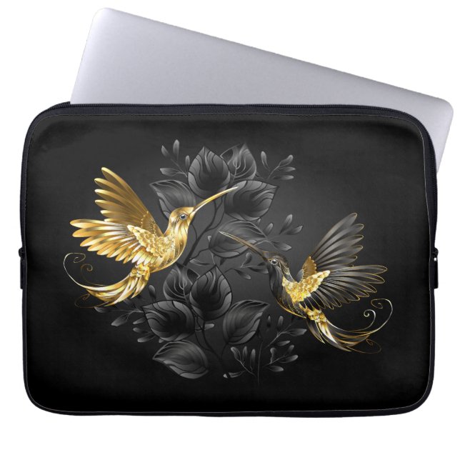 Zwarte en goudvogel laptop sleeve (Voorkant)