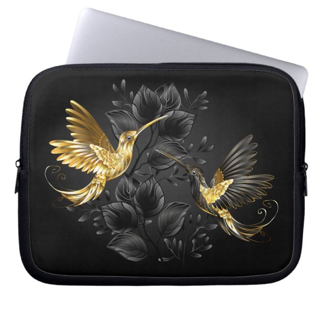 Zwarte en goudvogel laptop sleeve (Voorkant)