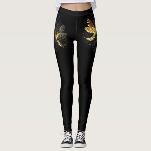 Zwarte en goudvogel leggings (Voorkant)
