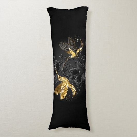 Zwarte en goudvogel lichaamskussen (Voorkant Verticaal)