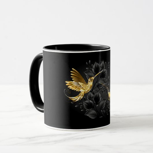 Zwarte en goudvogel mok (Voorkant links)