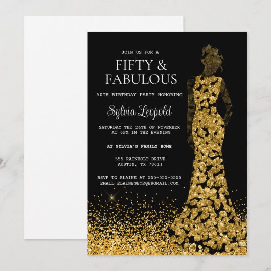Zwarte en goudvrouw in de Dress 50e verjaardag Kaart (Voorkant / Achterkant)