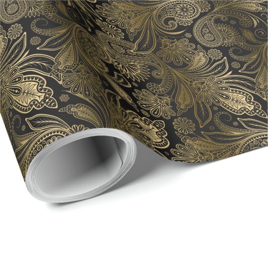 Zwarte en goudzalige  indien Ham Paisley Cadeaupapier (Rol Hoek)