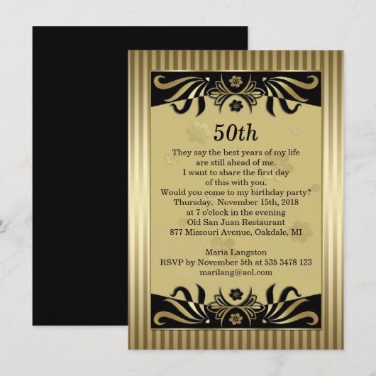 Zwarte en goudzeugen, bloemen 50e verjaardag kaart (Voorkant / Achterkant)