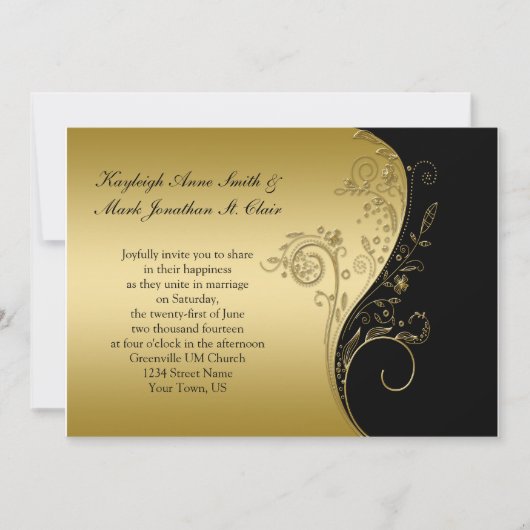  zwarte en goudzwevende riemen bruiloft kaart (Voorkant)