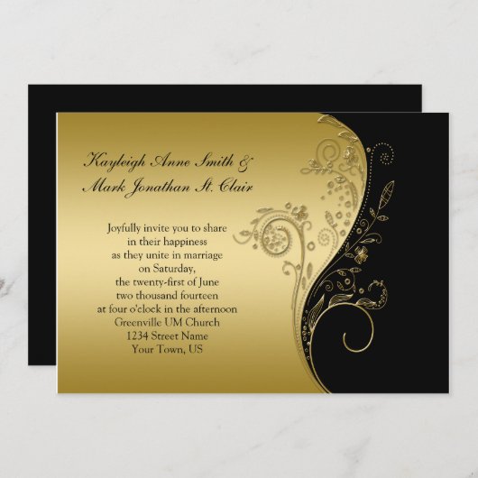  zwarte en goudzwevende riemen bruiloft kaart (Voorkant / Achterkant)