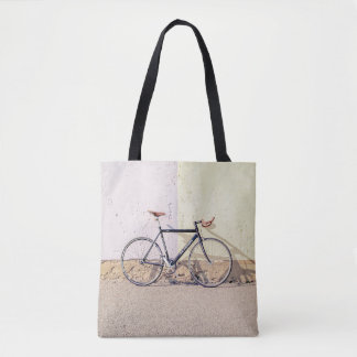 ZWARTE EN GRAY CITY BIKE LEREN OP WITTE WAL TOTE BAG