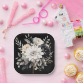 Zwarte en grijze bloemen papieren bordje (Feest)