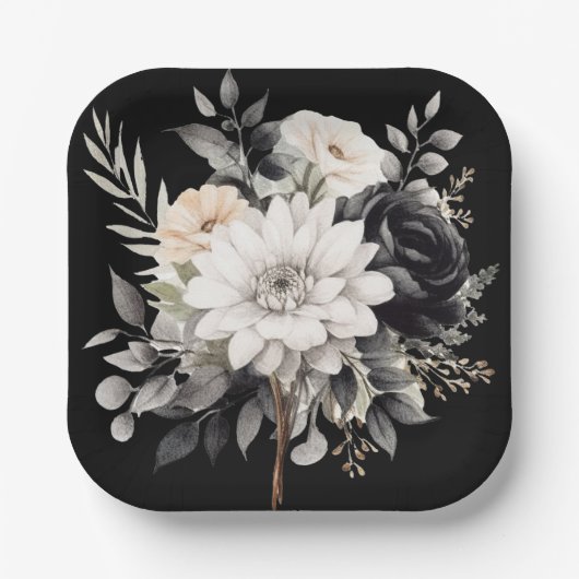 Zwarte en grijze bloemen papieren bordje (Voorkant)