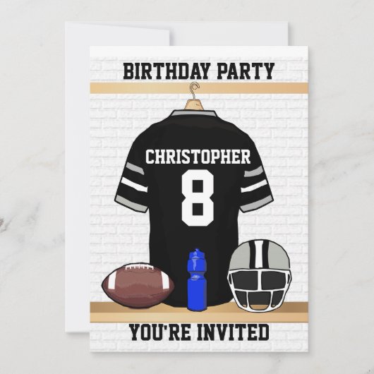 Zwarte en grijze Football Jersey Birthday Party Kaart (Voorkant)