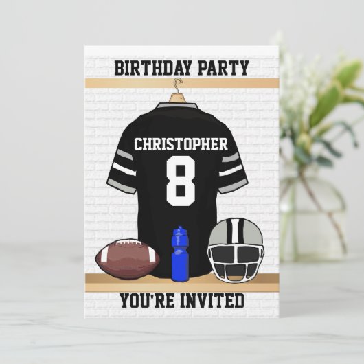 Zwarte en grijze Football Jersey Birthday Party Kaart (Staand voorkant)