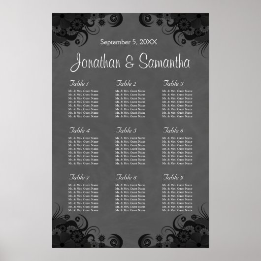 Zwarte en grijze Gothic Wedding 9 Tables Zitkaart Poster (Voorkant)