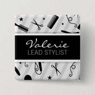 Zwarte en grijze haar Salon Name Badge Vierkante Button 5,1 Cm