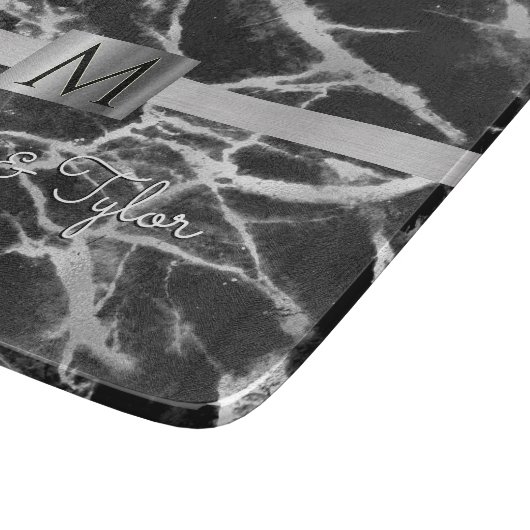 Zwarte en grijze marmer, zilverband, naam en monog snijplank (Hoek)