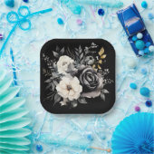 Zwarte en grijze Rozen en gouden bladeren Papieren Bordje (Feest)