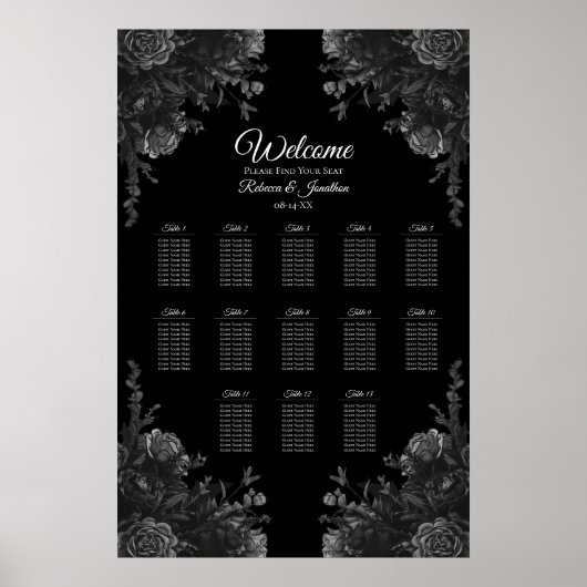 Zwarte en grijze Rozen Gothic Wedding Seating Char Poster (Voorkant)