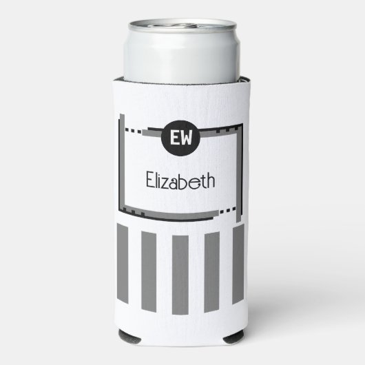 Zwarte en grijze strepen met de naam initialen toe seltzer blikjeskoeler (Seltzer Achterkant)