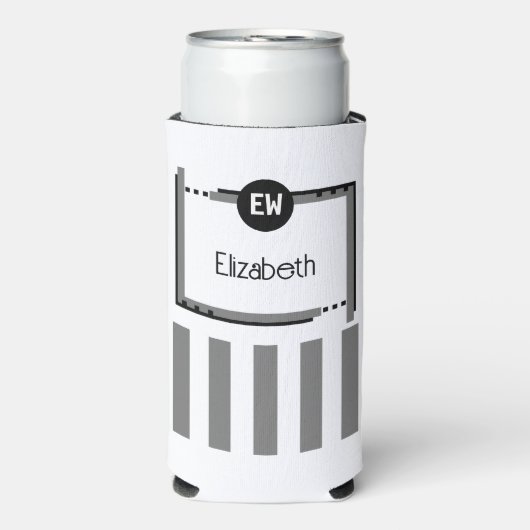 Zwarte en grijze strepen met de naam initialen toe seltzer blikjeskoeler (Seltzer Voorkant)
