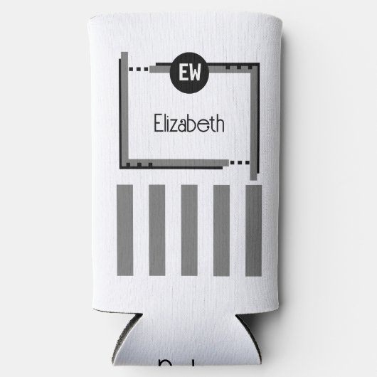 Zwarte en grijze strepen met de naam initialen toe seltzer blikjeskoeler (Voorkant)