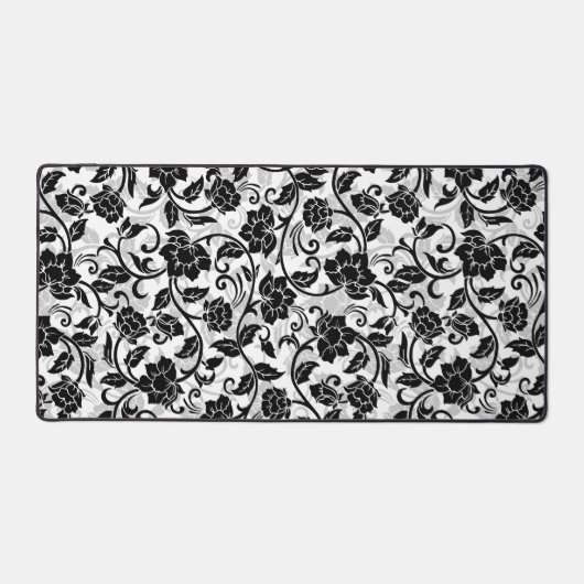 Zwarte en grijze wervelende bloemen bureaumat (Voorkant)