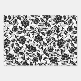 Zwarte en grijze wervelende bloemen inpakpapier vel