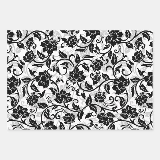 Zwarte en grijze wervelende bloemen inpakpapier vel (Voorkant)