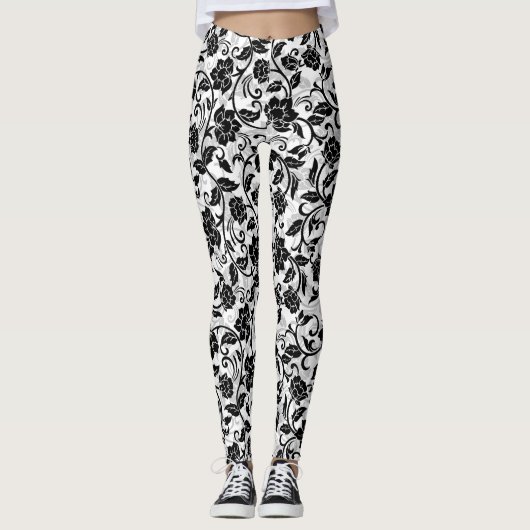 Zwarte en grijze wervelende bloemen leggings (Voorkant)