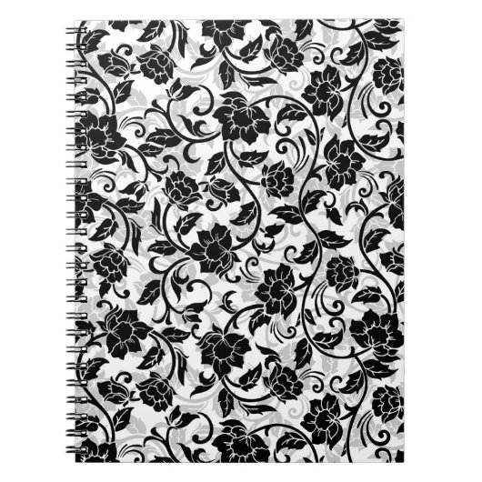 Zwarte en grijze wervelende bloemen notitieboek (Voorkant)