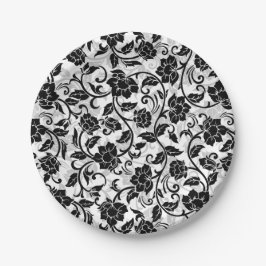 Zwarte en grijze wervelende bloemen papieren bordje