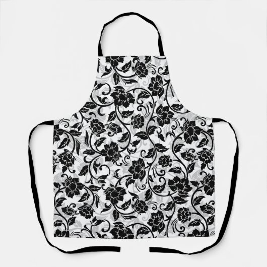 Zwarte en grijze wervelende bloemen schort (Voorkant)