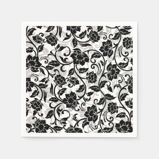 Zwarte en grijze wervelende bloemen servet (Voorkant)