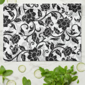 Zwarte en grijze wervelende bloemen theedoek (Gevouwen)