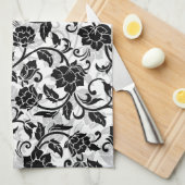 Zwarte en grijze wervelende bloemen theedoek (Quarter Fold)