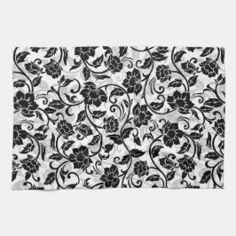 Zwarte en grijze wervelende bloemen theedoek