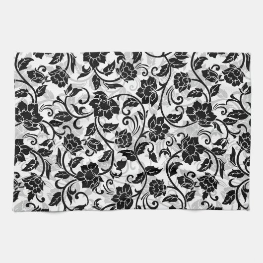 Zwarte en grijze wervelende bloemen theedoek (Horizontaal)